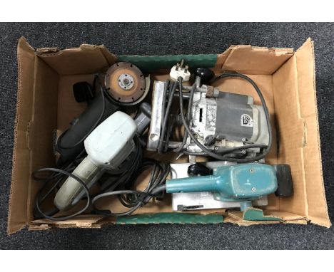 A box of Elu router, Handy Power grinder and two electric sanders 