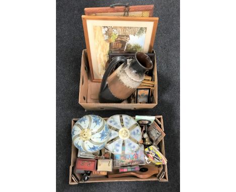 Two boxes of West German jug, framed watercolour, mirrored serving tray, assorted prints, mantel clock, table lamp, vintage t