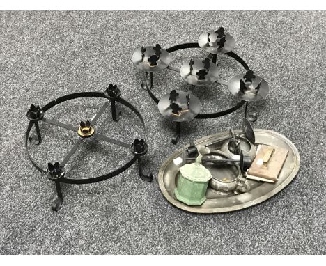 Two metal five-candle candle holders and an antique oval plated tray containing Art Nouveau desk blotter, plated milk jug, pe