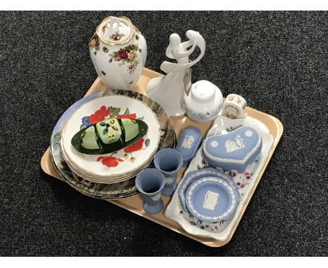 A tray of assorted china - collector's plates, Carlton Ware cruet set, six pieces of Wedgwood Jasperware, Aynsley miniature c