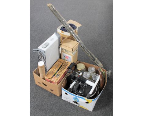 Two boxes of kitchen storage jars, coffee jars, slow cooker, panel heater, light bulbs etc and a fishing rod with reel, tent 