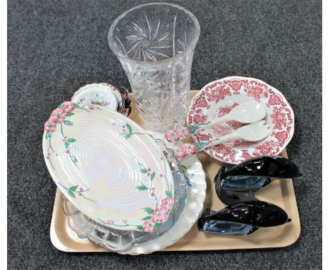 A tray of lead crystal vase, Maling lustre dish and salad servers, two Poole dolphins, wall plates etc 