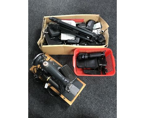 A mid 20th century cased electric sewing machine, Olympus hard case and two cases of camera tripods, electricals, torches, le