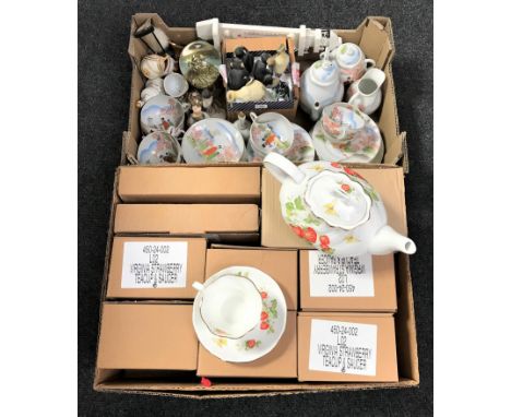 Two boxes of Ringtons Queens tea service, Japanese tea service, ornaments etc 