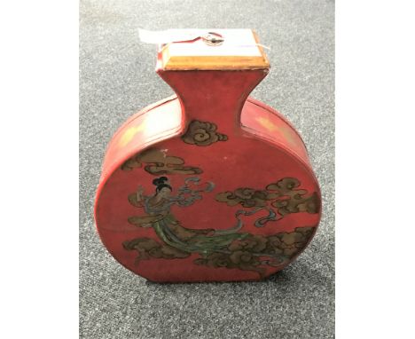 A leather bound Chinese hand painted moon flask with lid 