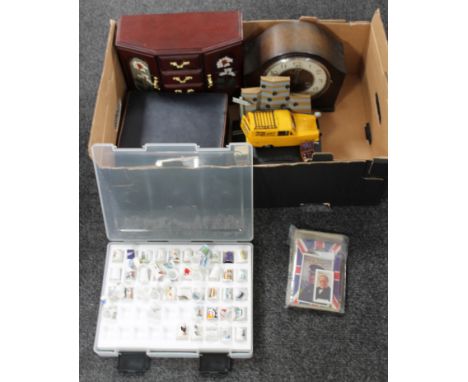 A box containing a collection of china thimbles in case, jewellery boxes, novelty Only Fools and Horses toy, oak cased mantel