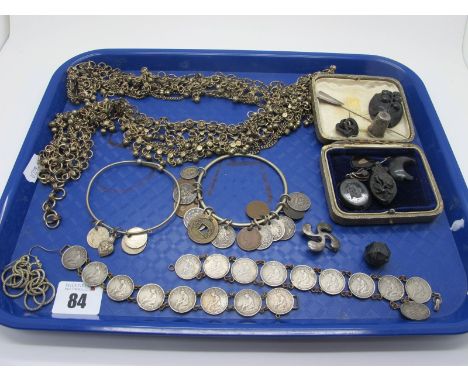 Vintage Coin Bracelets, a bangle suspending assorted coins, Victorian jet (damages / incomplete), etc :- One Tray 