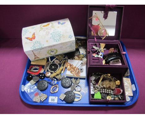 Vintage Revlon Powder Compact, 'Love Pat', buckles, buttons, hair combs, hat pins etc :- One Tray 