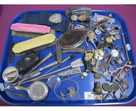Pink and Yellow Enamel Back Brushes, small hand mirror, letter openers, Scarborough souvenir trinket pot, etc :- One Tray 