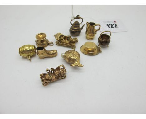 Ten 9ct Gold Novelty Charm Pendants, including vintage style motorcars, fish, kettle, etc. 