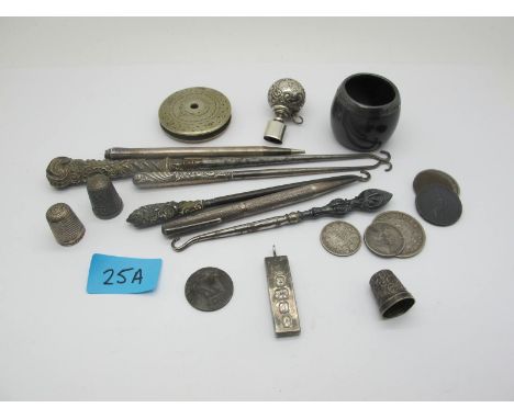 A Hallmarked Silver Ingot Pendant, button hooks, coins, thimbles, engine turned pencils, etc. 