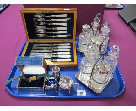 A Hallmarked Silver Three Piece Cruets Set, together with a novelty ladle pendant, two condiment stands, an oak cased set of 