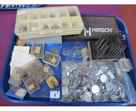 Assorted Watch Components, including wristwatch case backs, assorted hands, staking tool punches, etc :- One Tray 