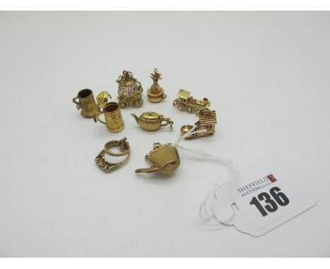 9ct Gold and Other Novelty Charm Pendants, including teapot, train, mugs etc. 