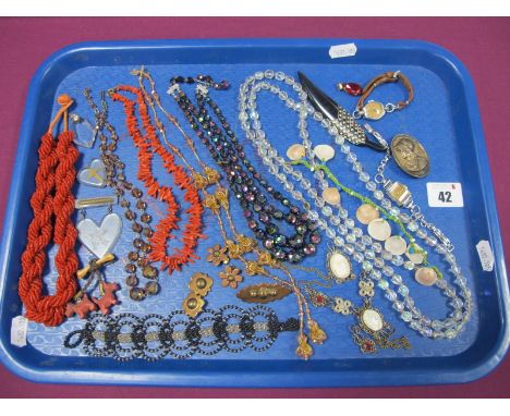 Graduated Twig Coral Necklace, cameo inset necklace (damages / incomplete), vintage bead necklaces, sweetheart brooches, etc 