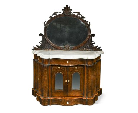 A miniature walnut credenza, late 19th century, with oval mirrored superstructure above a serpentine marble top and pair of c
