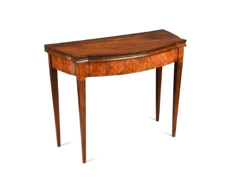 A George III fiddle-back mahogany and satinwood serpentine card table, the rosewood banded and boxwood strung top opening to 