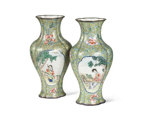 A pair of Chinese Canton enamel vases, 20th century, of quatre-lobed form, painted to the front and reverse with panels of ma