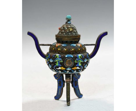 A Chinese silver and enamel small censer and cover, circa 1900, the domed cover with coral and turquoise type stones, the bod