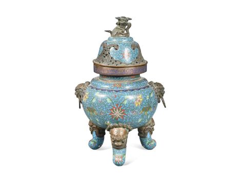 A Chinese cloisonné tripod censer and cover, late Qing Dynasty,  the domed cover with fo-dog finial, the lotus body with fo-d