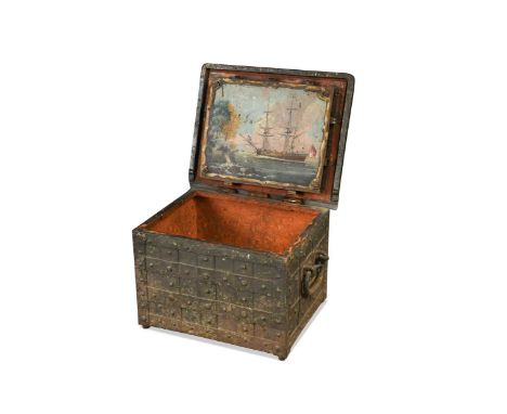 A wrought iron and painted strong box, 18th century, with a seven lock mechanism, the interior of the lid with a painted pane