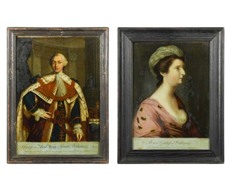 A group of three reverse glass portrait mezzotints, 19th century, to include George III; Maria Countess of Waldegrave; and an