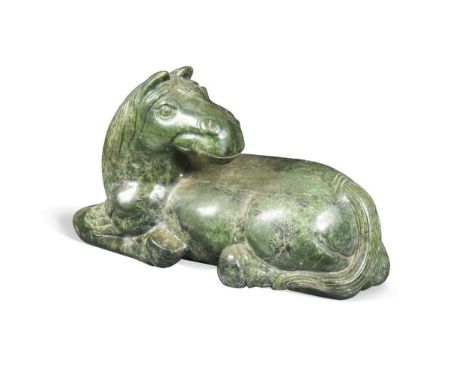 A Chinese spinach jade type recumbent horse, Ming style, 20th century,  25 x 42cm