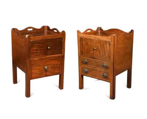 A matched pair of George III mahogany tray top night cupboards, both with shaped gallery tops above a pair of cupboard doors 