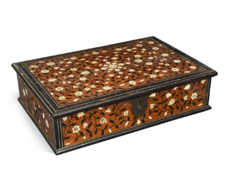 An Anglo-Indian ebony and ivory inlaid box, Vizagapatam, 18th or early 19th century,  inlaid with scrolling floral designs wi