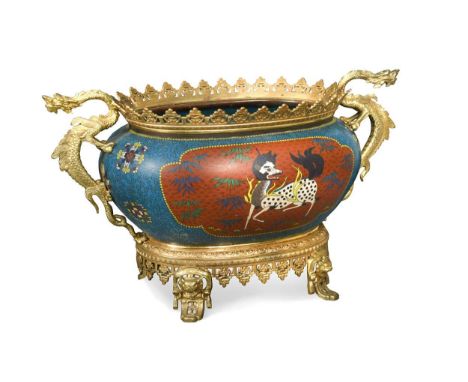 A Japanese cloisonné enamel and ormolu mounted jardinière, with twin dragon handles, the body worked with kylin and a ho-ho b