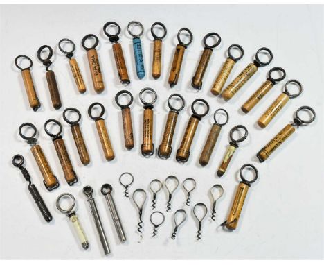 A collection of twenty-four corkscrews, Victorian and later, wooden and advert printed; five similar metal cased examples for