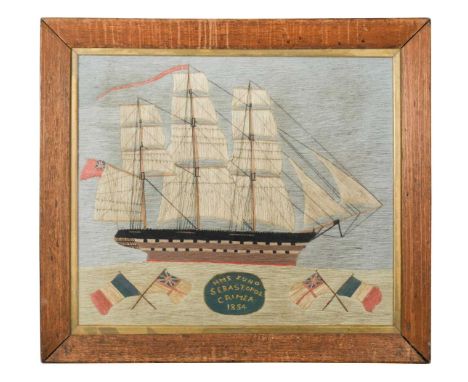 A woolwork picture of HMS Juno, Sebastopol, Crimea, 1854, worked in polychrome woollen threads and bearing the White Ensign a