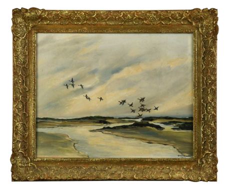 § Hugh Monahan (1914-1970) Ducks in flight over an estuarysigned and dated 'H. Monahan 19(3?)8' (lower right)oil on canvas39.