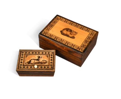 A Tunbridgeware box, the pull-off lid decorated with a seated cat, 11.5cm wide, another example with hinged lid decorated wit