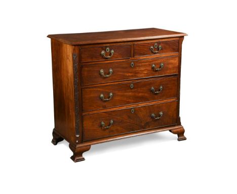 A mahogany chest of drawers, mid-18th century, the rectangular moulded top above two short over three long cockbeaded drawers