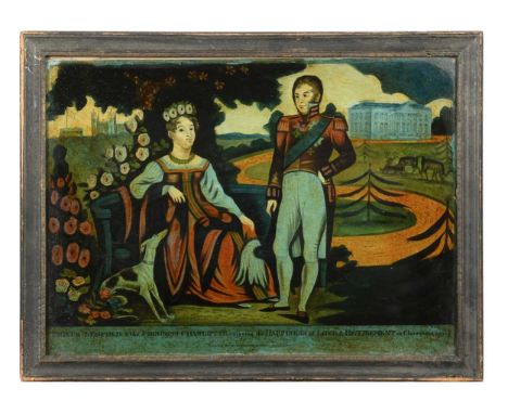 Prince Leopold and Princess Charlotte, a reverse glass mezzotint, 19th century,  depicting the couple in Claremont Park with 