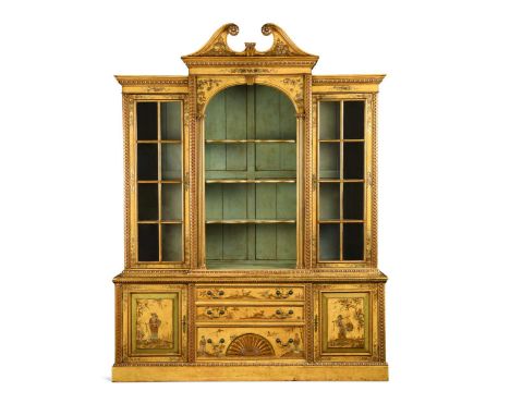 A George III style chinoiserie lacquered bookcase, 20th century, the raised decoration depicting rural scenes, animals and fl