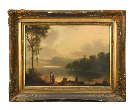 Joseph Rhodes (1782-1854) A view in the Lake District with figures conversing on the shore of a lake, mountains thought to be