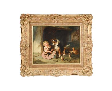George Augustus Holmes (1822–1911) A girl playing with a puppy with a Border Collie and chickens looking onsigned and dated '