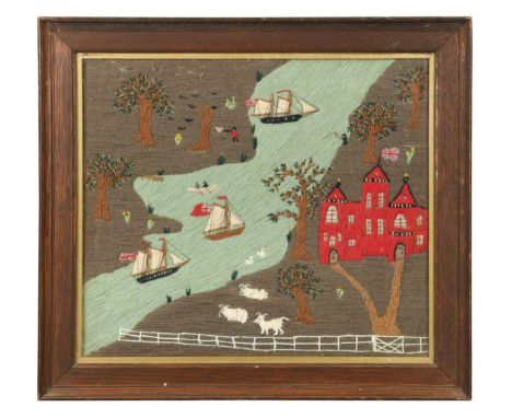 A woolwork picture of boats in an estuary, late 19th century, 30.5 x 35.5cmIn nice overall condition, some typical fading, di