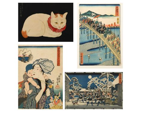 A collection of sixteen Japanese woodblock prints,  including; Utagawa Hiroshige (1797-1858), ), Act XI part I, The Night Att