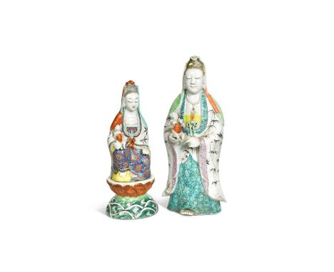 A Chinese porcelain standing Guanyin with child, Qing Dynasty, 19th century, with a peaceful downward gaze, 34cm high;another