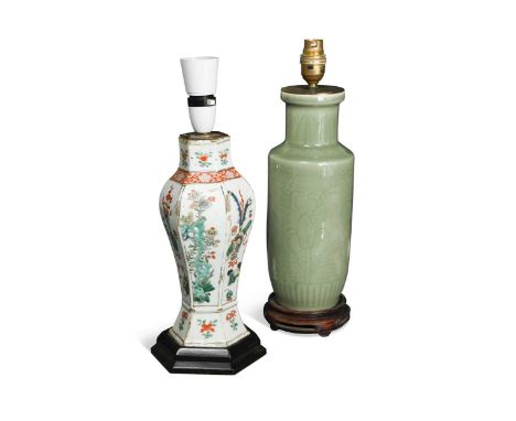 A Chinese famille verte porcelain vase, Kangxi, converted into a table lamp, decorated with blossoming flowers27cm high;A Chi