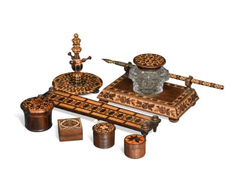 A Tunbridgeware ring tree,  9.5cm high; together with a cribbage board, 9cm long and an ink stand with single mould glass ink