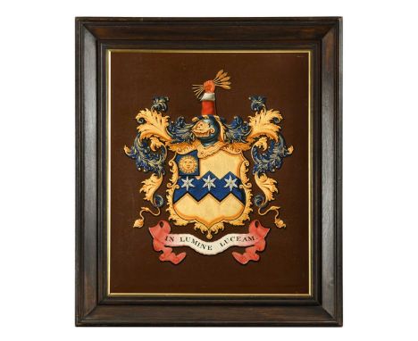 A Coat of arms - 'IN LUMINE LUCEAM', (I may sine in the light), early 19th century,  oil on canvas, inscribed on labels verso