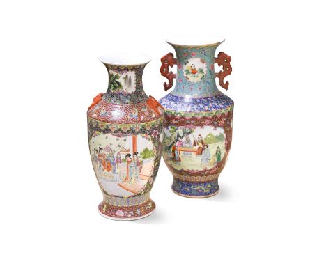 A Chinese famille rose porcelain baluster vase, late 20th century, with scroll shoulder handles, decorated with scholars and 