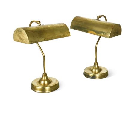 A pair of brass banker's lamps, 20th century, each with an adjustable shade for two bulbs, swan-neck stem and circular weight