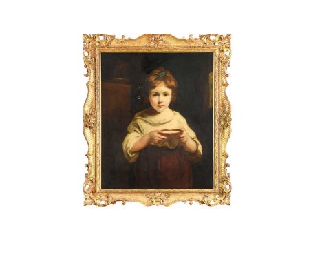 Follower of Sir Joshua Reynolds Portrait of a girl with a milk bowloil on canvas, in a late 18th century carved and giltwood 