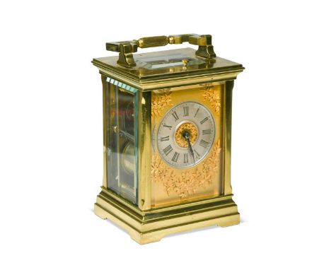 A French lacquered brass repeating carriage clock, early 20th century,  the gong striking movement with silvered platform lev