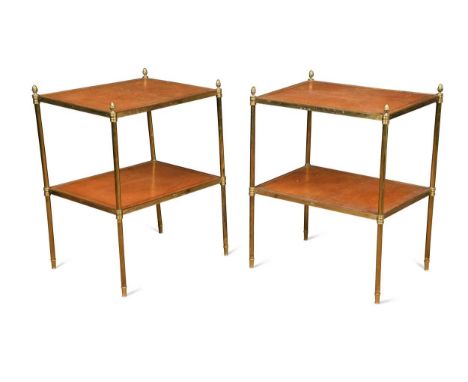 A pair of brass and leather two-tier etageres, 20th century, the two rectangular tiers raised on tubular brass supports with 